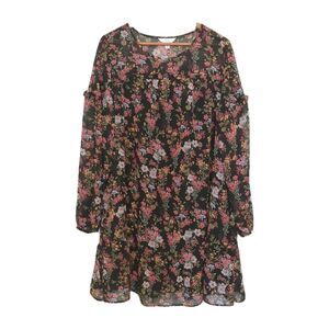 Time And Tru Pullover Dress 2X 20 Black Wildflower Floral Long Sleeve Shift